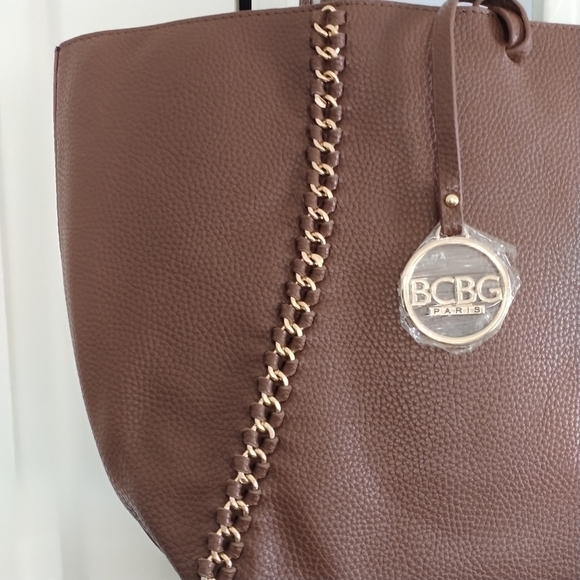 BCBG Paris Faux Brown Leather Shoulder Bag Tote - Picture 6 of 14